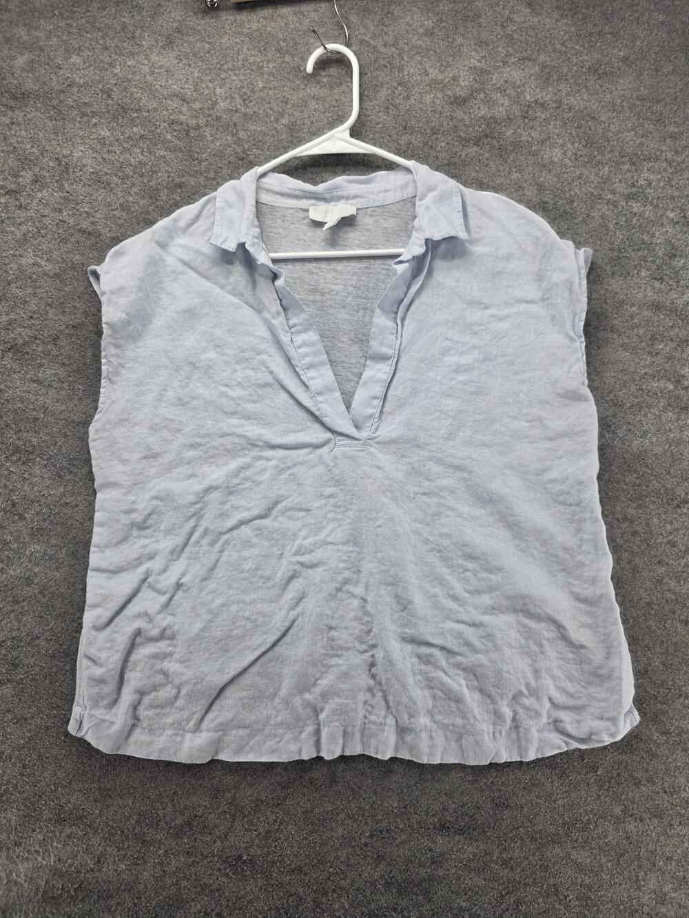 White Company Linen Shirt Womens Large Light Blue V Neck Pullover Top Casual